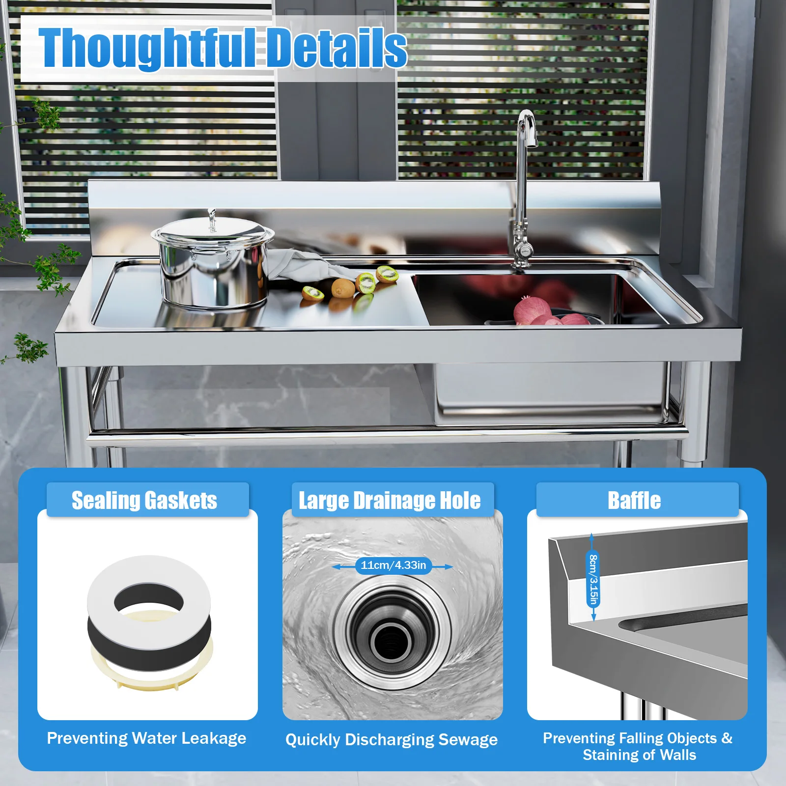 304 Stainless Steel Sink Single Bowl Commercial Kitchen Sink w/Workbench, Stainless Steel 47" x 24" x 32" 6