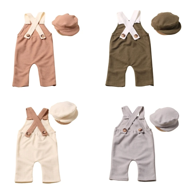 

Baby Photography Props Gentleman Uniform PeakCap Overalls Photo Outfit Newborns Photo Clothes Infant Posing Suit 2Pcs