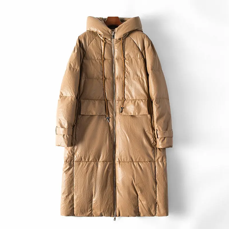 

New genuine leather sheepskin goose down jacket 2023 winter westernized long hooded women's warm jacket