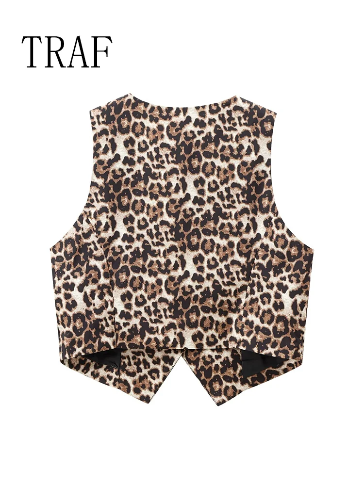 TRAF Spring Summer Women's Leopard Vest 2024 Fashion V-Neck Single-Breasted Vest Top Female Casual Cropped Sleeveless Coat New 3