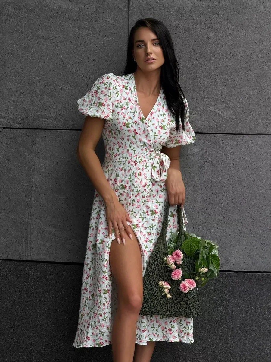 Women's Loose Fit Cotton Blend Maxi Dress with V-Neck & Short Sleeves Sc304c745b46b434f916288214a35c348x