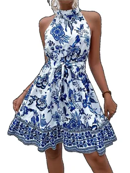Women's Fashion Flower Print Lace-up Sleeveless Dress Beach Vacation 2025 New Summer Ladies Halter A-line Midi Dresses Vestidos