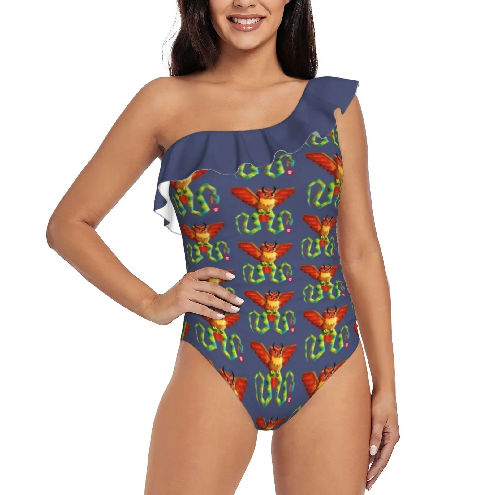 Law Of Nature One Shoulder Ruffle Swimsuit Print Swimwear Female One Piece Monokini Bathing Suit Owl Snake Viper Piton Reptile