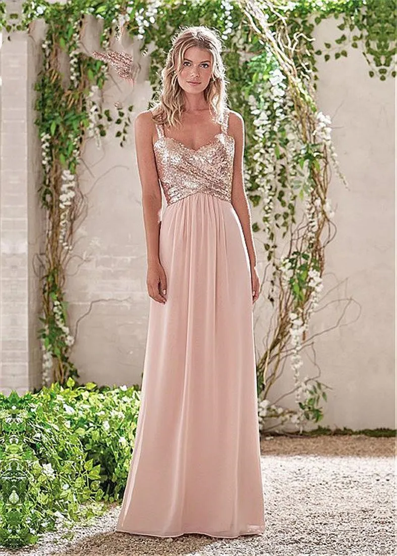 

Rose Gold Bridesmaid Dresses A Line Spaghetti Backless Sequins Chiffon Long Beach Wedding Gust Dress Maid of Honor Evening Gown