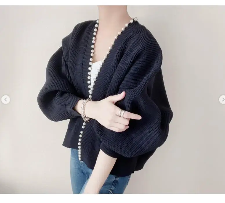 

Loose Fitting Round Neck Lantern Sleeve Pearl Embellished Knit Sweater For Women's Outerwear Cardigan For Women's Clothing