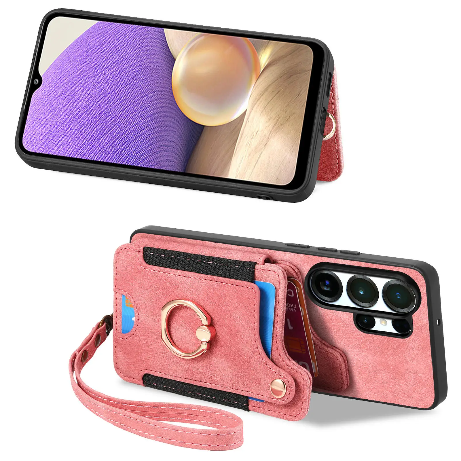 Ring Holder Cards Solt Leather Wallet Case For Samsung S25 Ultra S24 Plus S23 A16 A17 A07 Magnetic Kickstand Pocket Strap Cover