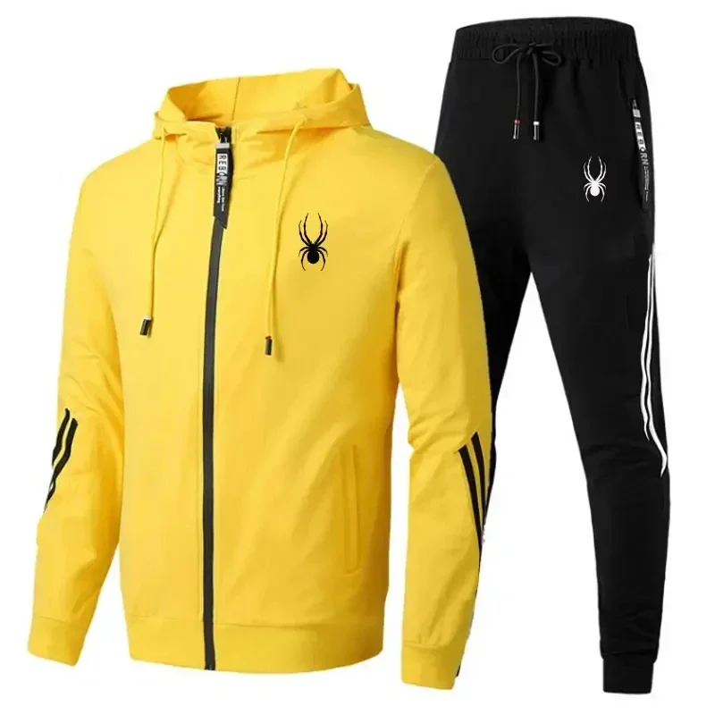 Man wearing casual zipper jacket and jogger pants set in an outdoor fitness or streetwear setting yellow black