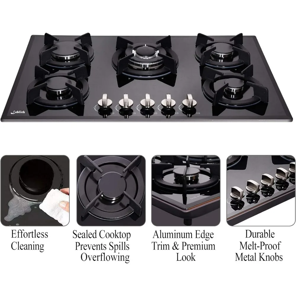 30 Cooktop gas, 5 Burners gas stovetop 30 inch,Gas Stove Gas Hob Stovetop Tempered Glass Cooktop Cast Iron Grates Built-in