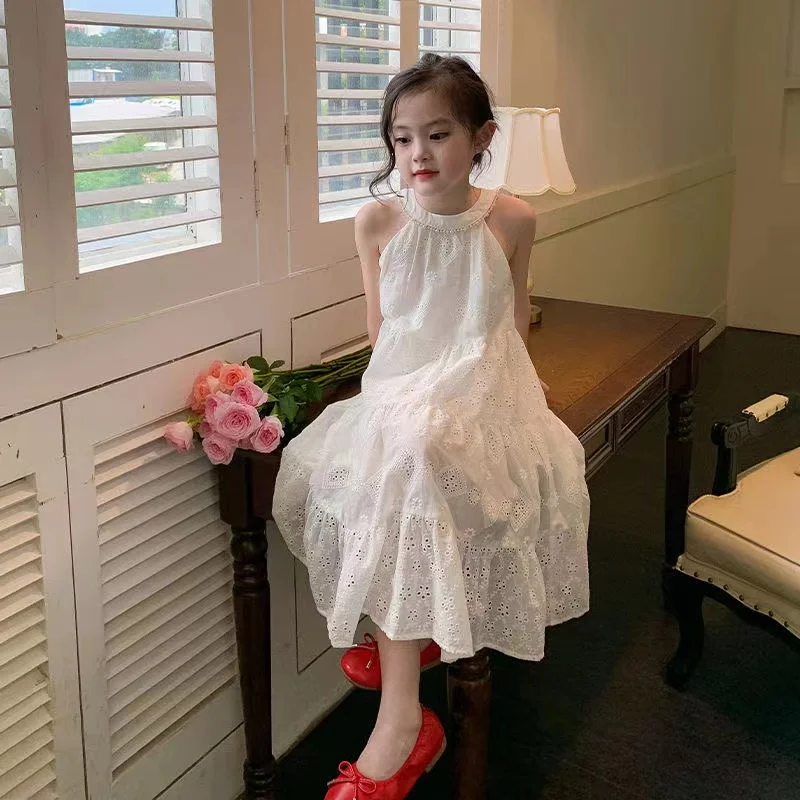 

Girls White Princess Dress 2024 Summer New Children's Baby Premium Long Dress Holiday Style Dress eenage Girls Strap Dress
