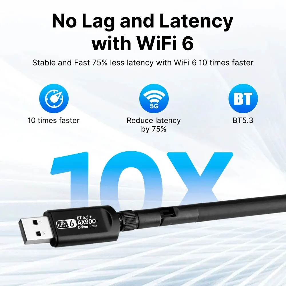 WiFi USB 어댑터 AX900 Bluetooth 5.3 무선 듀얼 밴드 2.4G/5GHz Wi-Fi 안테나 PC/노트북 드라이버 용 USB 동글 수신기 무료