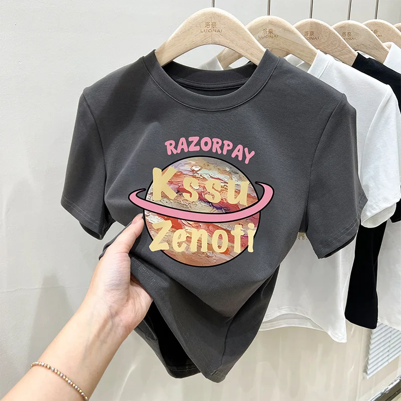 

Short-Sleeved Raglan T-shirt Women's Geometric Pattern Letter Print Pullover Cotton Summer New Slim Slimming Top Painted Fashion