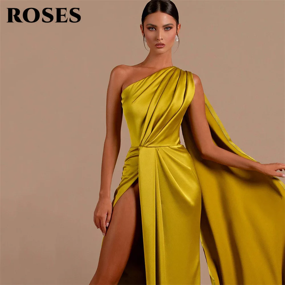 ROSES Gold Prom Dress Sleeveless One Shoulder Satin Evening Dresses Sexy Side High Split Party Dress With Pleats Robe De Soirée
