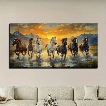 Elegant Feng Shui Seven horse canvas wall art with pine frame - waterproof, 1.5 inch thick horse decoration for sunset scenes 3
