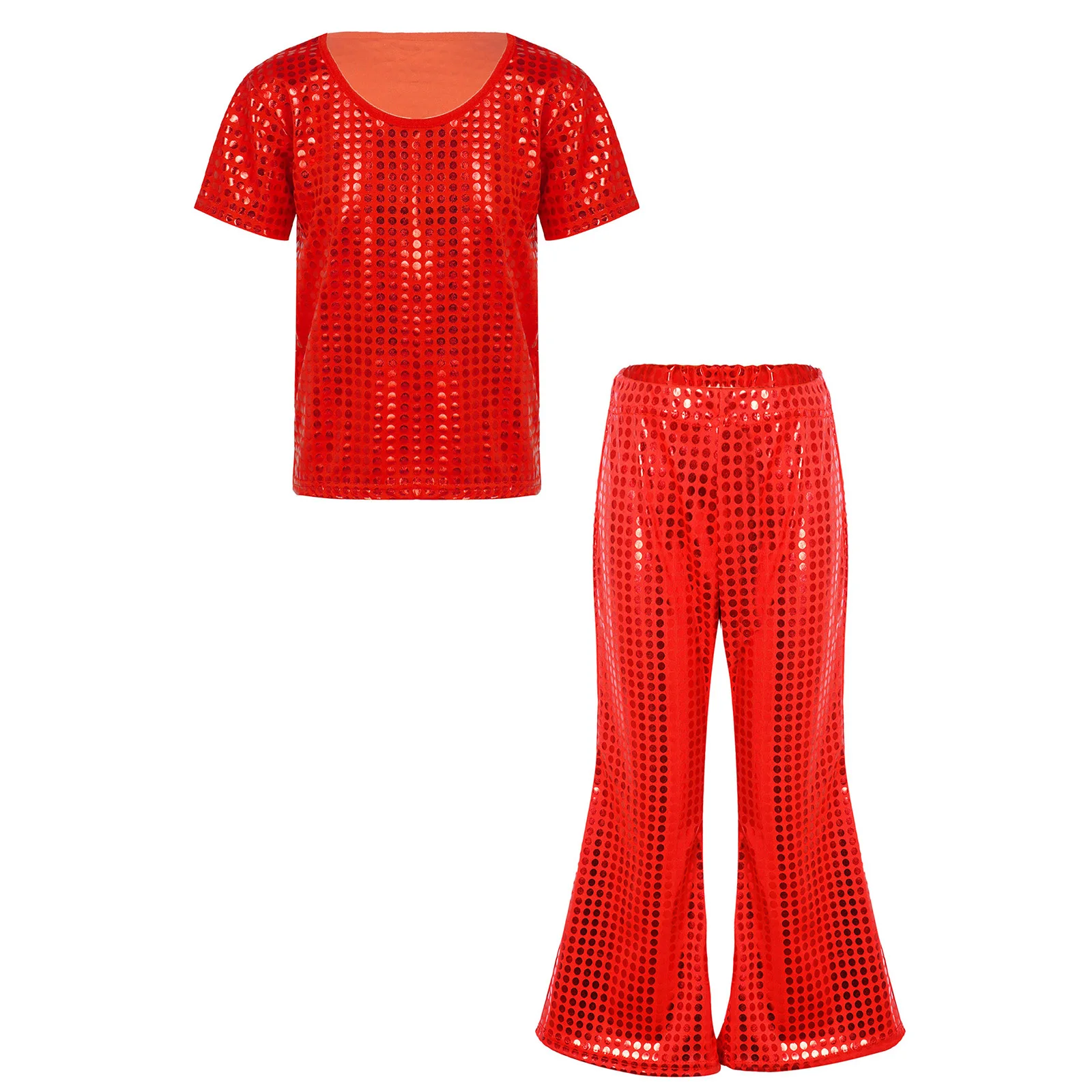 Bambini Ragazzi Ragazze Hip Hop Jazz Abiti da ballo di strada Costume da performance sul palco T-shirt con paillettes lucide Pantaloni svasati Set Abbigliamento da ballo - immagine 3