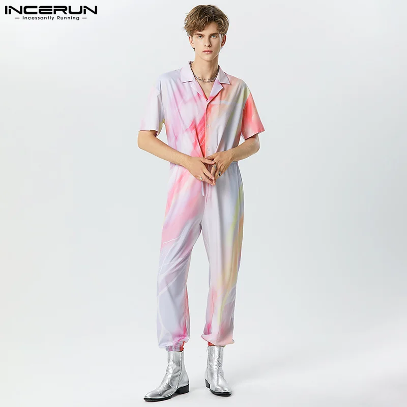 

2023 Fashion Men Jumpsuits Tie Dye Gradient Lapel Short Sleeve Loose Overalls Streetwear Drawstring Casual Rompers INCERUN S-5XL