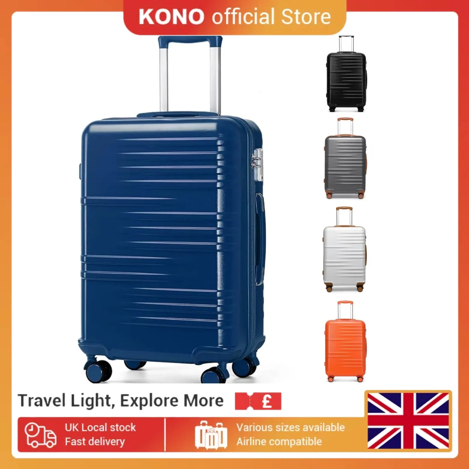 British Traveller Lightweight PC Hard Shell Cabin Suitcase with 4 Spinner Wheels&3-Digit Combination Lock Carry-On Hand Luggage