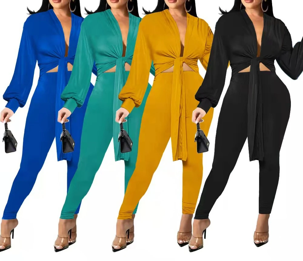 Women's Set New Solid Cardigan Tie Long Sleeve Two Piece Fashion Casual Tight Pants Suit Female and Lady Spring Autumn Trousers fashion jeans men s autumn and winter stretch cotton soft straight ankle tied high end men s all match tight casual trousers