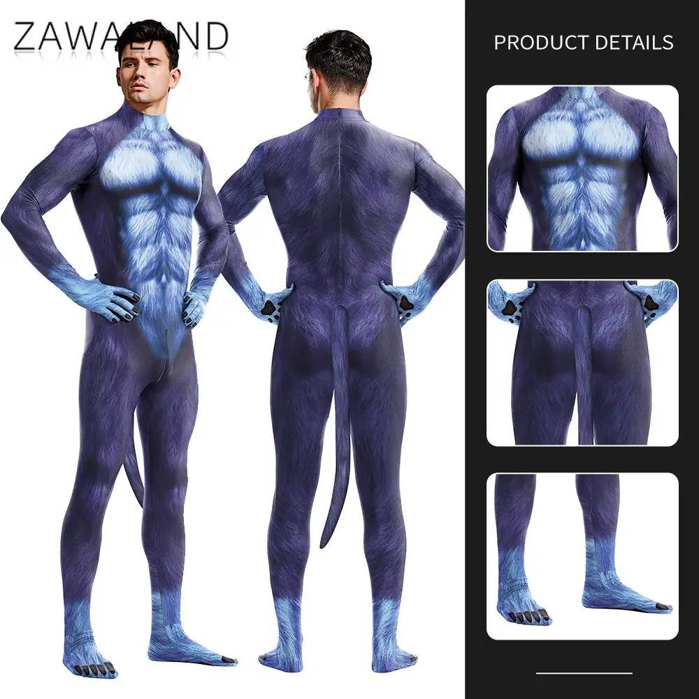 Zawaland Dog Blue Petsuit Puppy Cosplay Costume Men Holiday Party Clothes Full Cover Crotch Zipper Jumpsuit Carnival Zentai Suit