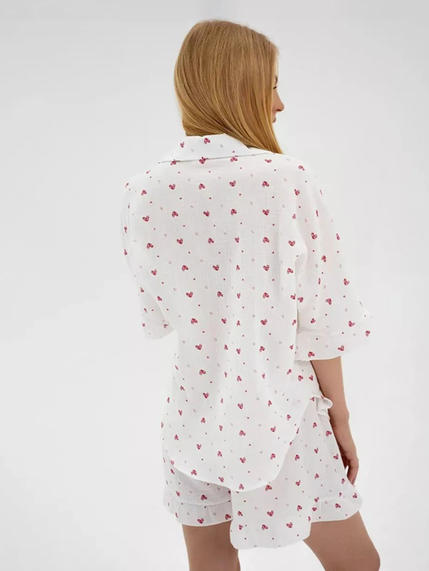 Mathaiqiqi Printing Women'S Nightgowns Suit Sexy Turn-Down Collar Pajamas Half Sleeve Nightwear Shorts Casual Ladies Nightie Set