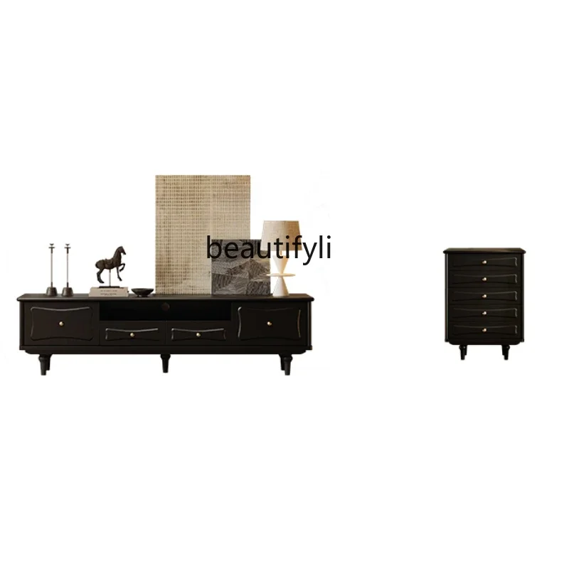 

French Style Retro Domestic Living Room Small Apartment American Light Luxury Solid Wood Black TV Cabinet Tea Table Combination