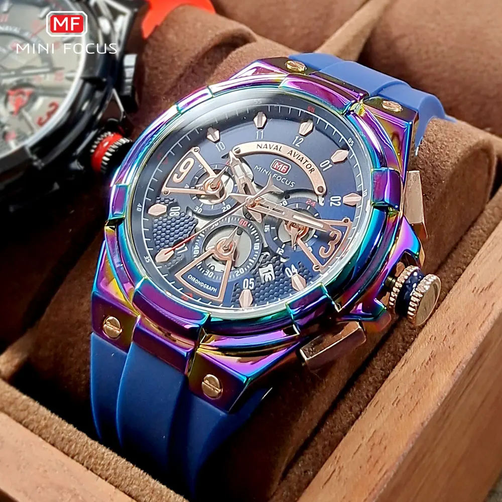 MINI FOCUS Military Sport Quartz Watches Men Blue Silicone Strap Waterproof Chronograph Wristwatch with Date Luminous Hands 0402