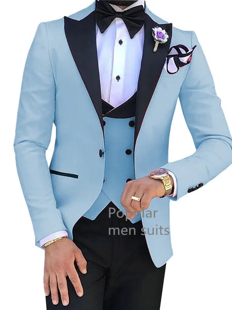 New Men Casual Boutique Business Slim Solid Color Formal Suit 3 Pcs Set Dress Peak Lapel One Button Blazers Jacket Pants