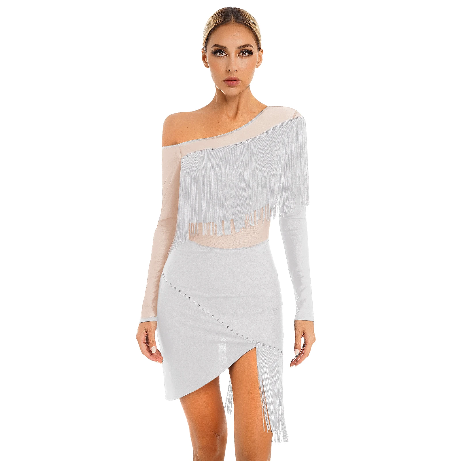 Traje de baile latino para mujer, vestido con flecos brillantes y diamantes de imitación, vestido de fiesta de baile de salón de Tango Rumba Cha de manga larga