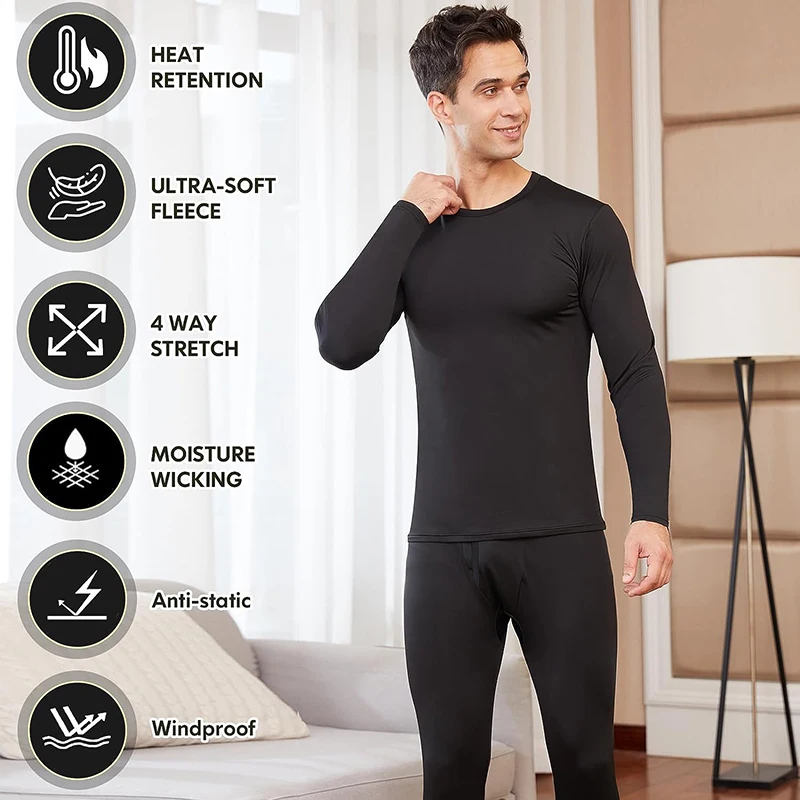 Men Winter Thermal Underwear Sets Crew Neck Long Sleeves Long Johns Base Layer Set Top Bottom for Cold Weather Male Warm Clothes thermal underwear sets