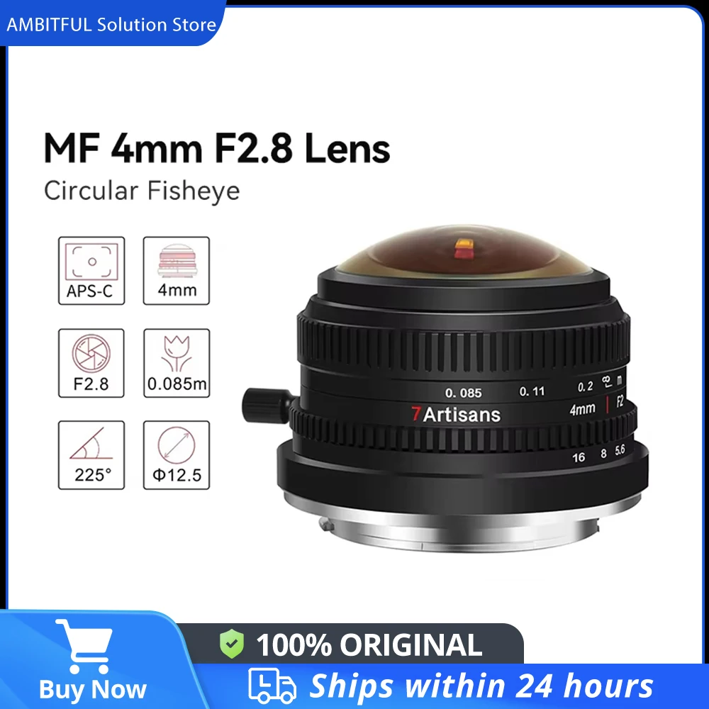 7artisans APS-C MF 프라임 렌즈 4mm F2.8 225 ° E A6400 ZVE10 후지필름 X X-T1 X-Pro1 X-A10 마이크로 4/3 EPM1용 원형 어안 렌즈