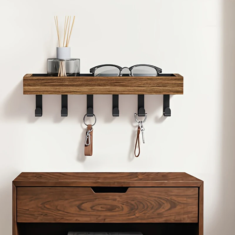Rustic Wooden Key Holder with 6 Hooks Storage Tray Easy Install Wall ...
