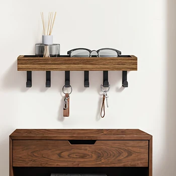 Portachiavi in legno rustico con vassoio portaoggetti a 6 ganci Organizzatore a parete facile da installare per chiavi Posta e altro per l'ufficio della camera da letto 1