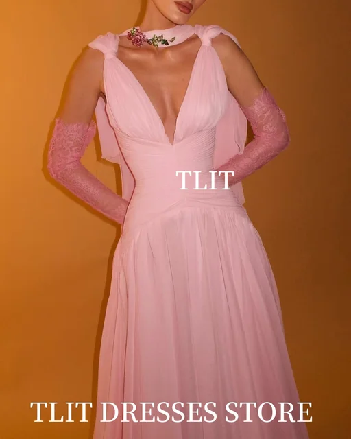 TLIT Simple Baby Pink A-Line Long Evening Dress Saudi Arabic Women V-Neck Formal Party Gown Silk Chiffon Customized Dress 3