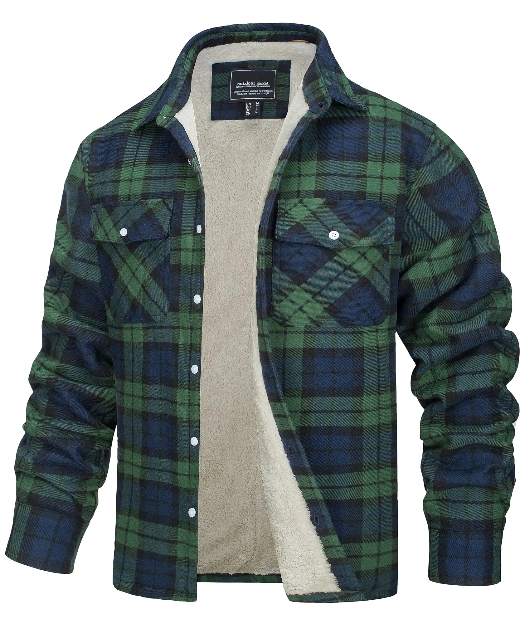 Herren-Jacke aus orangefarbenem Fleece-Flanellhemd, warme Winterjacke mit klassischem Stehkragen, Sherpa-gefütterter Baumwollmantel mit Knopftaschen – Detail 12