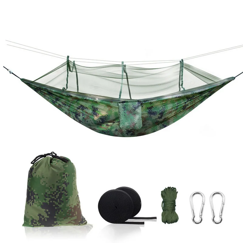 Rede portátil camuflada para acampamento ao ar livre, cor verde, com mosquiteiro, cama suspensa de dupla finalidade para caminhadas e viagens