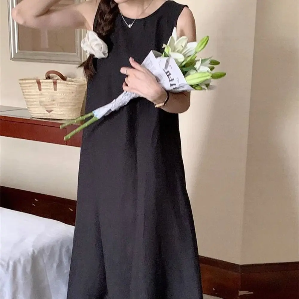 Solid Summer Sleeveless Dress Round Neck Simple Vocation Vest Dresses Hollowed Out Beachwear Open Back Long Dress Students