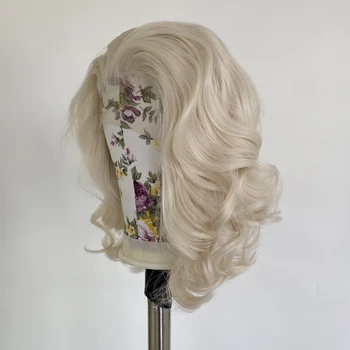 60# Platinum Blonde Short Wave Wig 13x4 Bob Lace Front Wig Glueless Synthetic Frontal Lace Wigs for Black Women Daily Wear