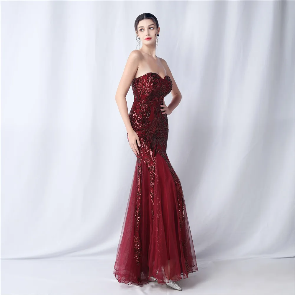 Women's Strapless Sweetheart Neck Special Flower Sequined Lace Mermaid Evening Dress Wedding Gown