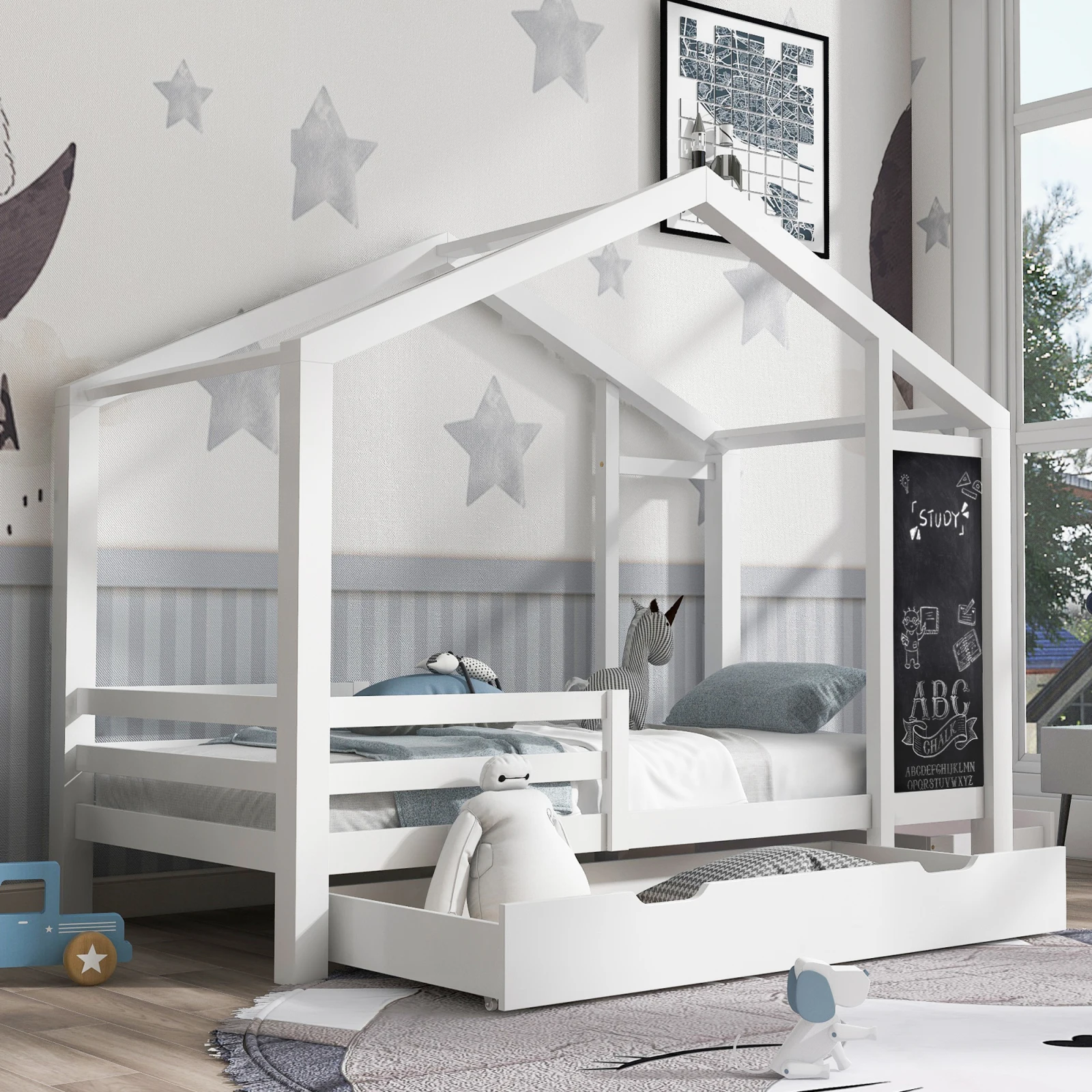 Cot House Bed, Solid Wood Bed, With Blackboard and 2 Drawers, with Fence and Slatted Frame,  90x200cm, White, Without Mattress 1