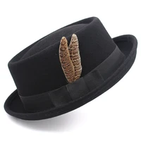 Men Women Wool 100% Pork Pie Hats Fedora Trilby Sunhat Street Style Classical Feather Band Cap Travel Outdoor Size US 7 1/4 UK L 2