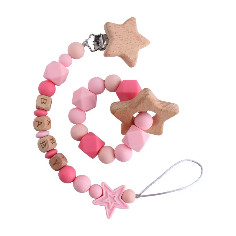 Baby Custom Name Silicone Beads Star Pacifier Clips Safe Teething Chains Teether Eco-friendly Dummy Beech Clips Holder
