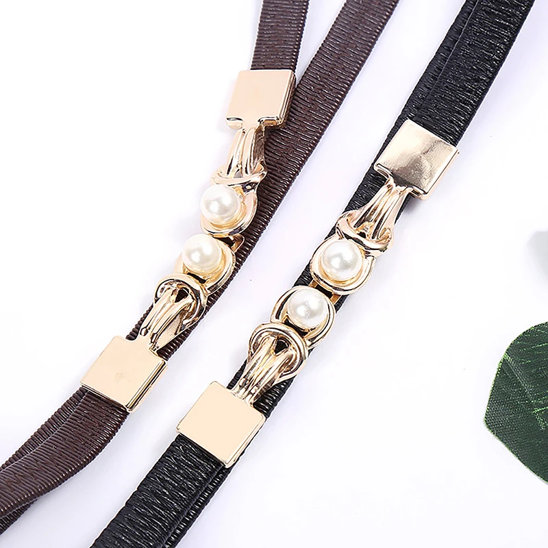Elegant Black Elastic Belt with Double Pearl Buckle