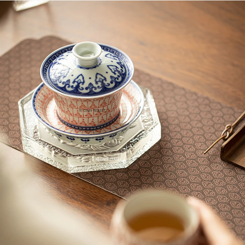 Chinese Ceramic Gaiwan Handmade Blue and White Porcelain Teacup Hand-painted Buddha Tea Bowl Beauty Tea Infuser Teaware