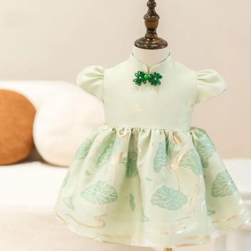 

New Baby Princess Evening Gown Bow Print Short Sleeve Infant Birthday Party Wedding Christening Prom Dresses For Girls A1729
