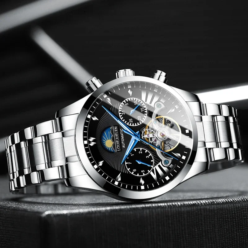 BELUSHI Men Automatic Watch Luxury Skeleton Tourbillon Clock Mens Stainless Steel Business Waterproof Mechanical Wristwatches