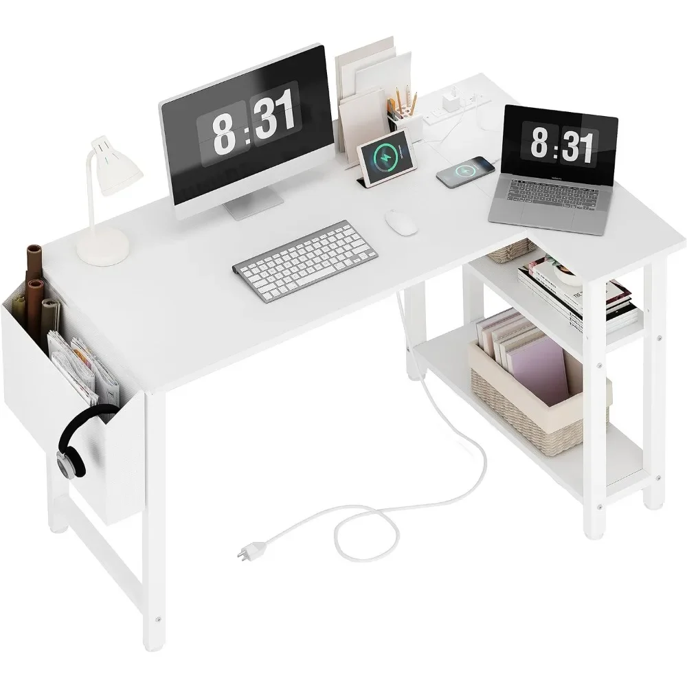 L Shaped Computer Desk with Power Outlet Shelves, 40 Inch Small Corner Desk for Small Space Home Office, L-Shaped Desk PC Desks