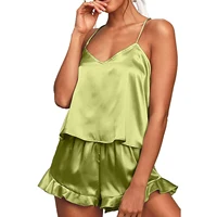 Ensemble de pyjama à volants pour femmes, vêtements de nuit monochromes, pyjama à col en V, vêtements de nuit en fibre de document, vêtements de nuit d'été, 2 pièces 4