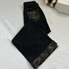 High Waist Wide Leg Black Leopard Print Cuffed Denim Jeans Women plus Size Loose Floor-Length Straight Cut Trousers