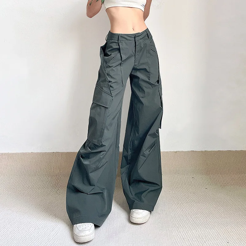 

Women's New Personalized Low Waist Large Pocket Loose Draping Straight Tube Pants Grey Green Pleated Floor Sweeping Casual Pants