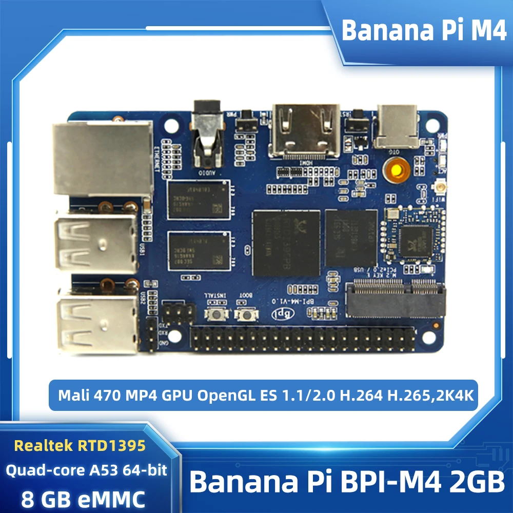 Mini PC Banana, 2GB de RAM, 8GB, eMMC, Firmware, RT1395, Cortex, A53, Quad-Core, Mali, MP470, WiFi, PoE, M.2, Mkey, PCIe, SBC