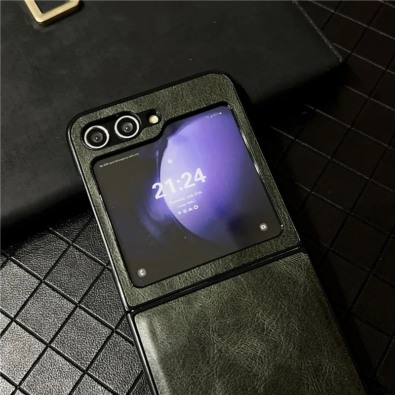 Pu Leather Phone Case For Samsung Galaxy Z Flip 5 5G Solid Color Small Screen Tempered Film Protective Shell Flip5 Cover